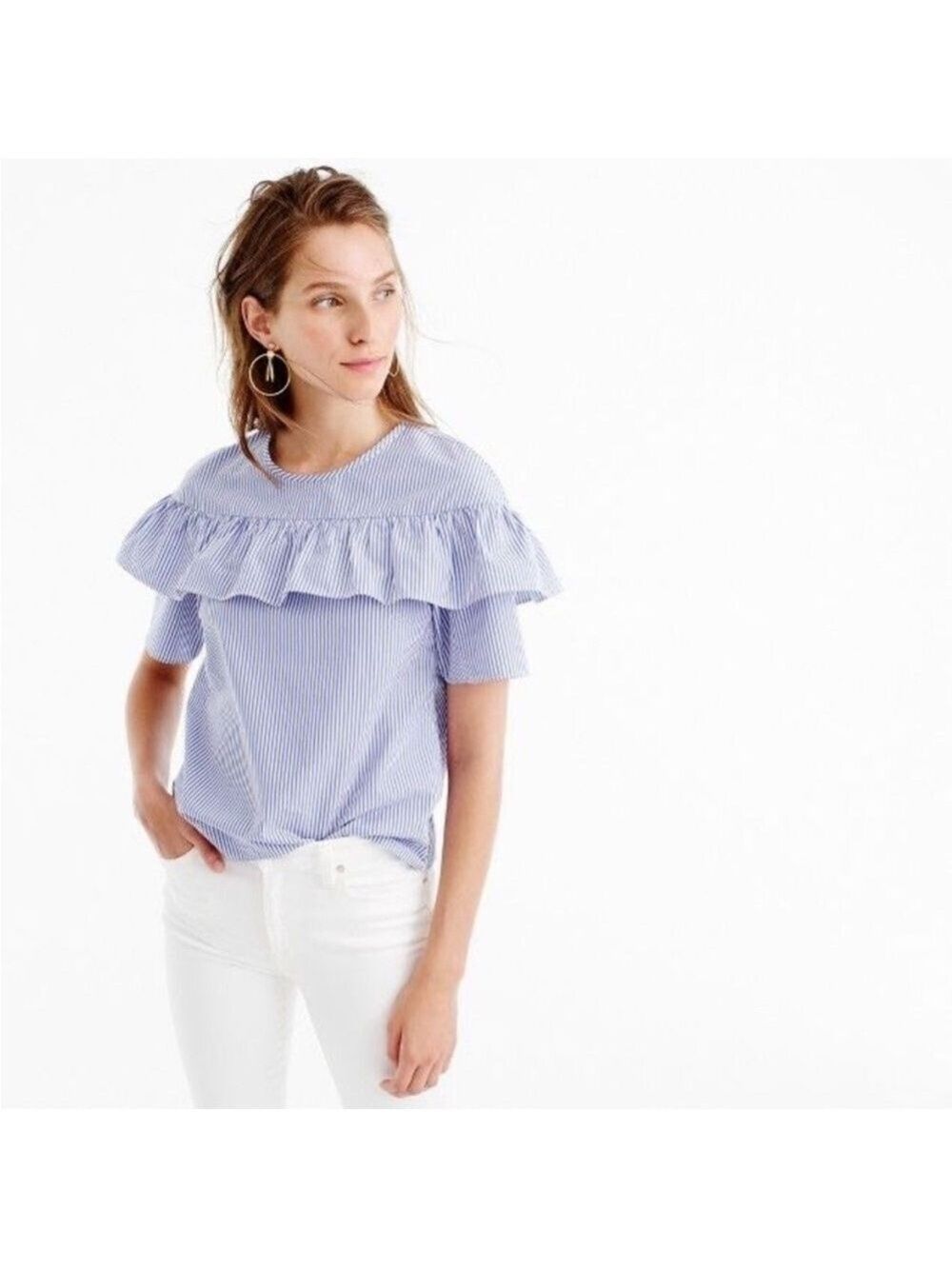 J Crew Edie Blue & White Stripe Ruffle Cotton Short Sleeve Blouse Top, size 00